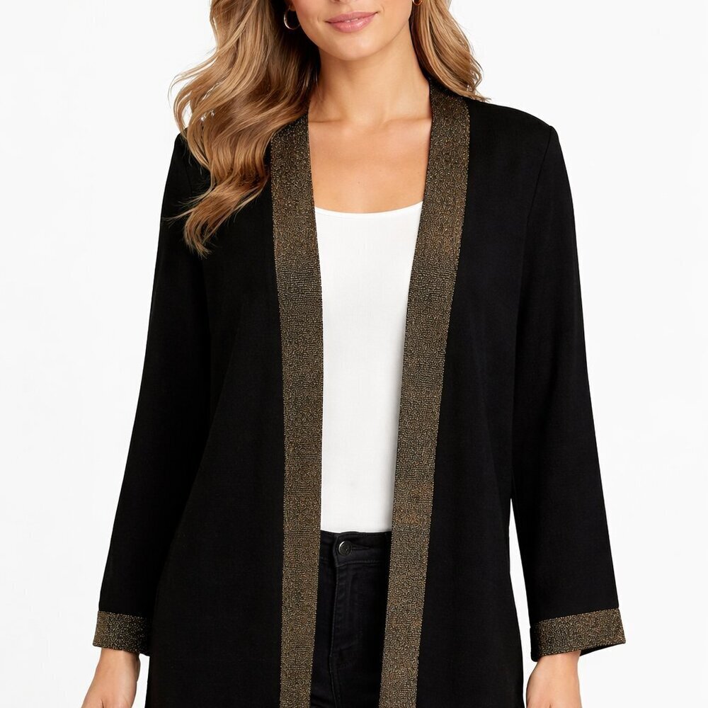 Eileen Fisher Open Front Cardigan Size Medium Black Gold Long Sleeve Dressy - Picture 1 of 9